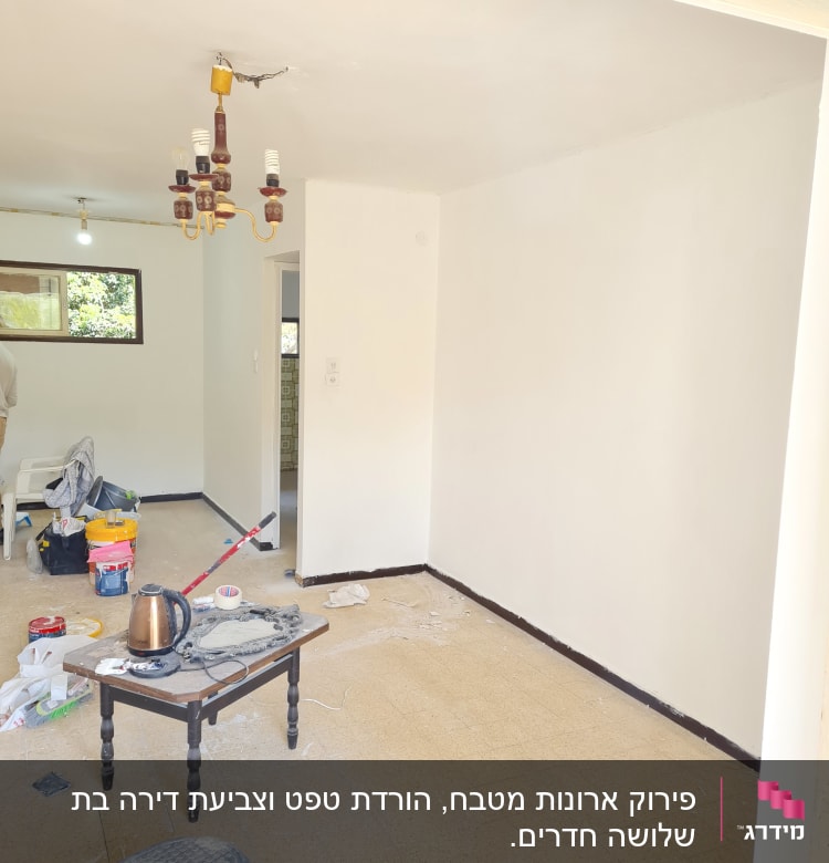 חדר בשיפוץ עם כלים וחומרי בנייה על הרצפה